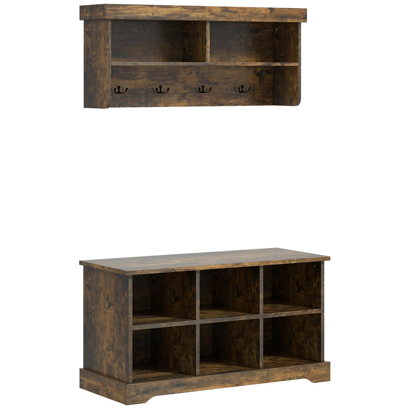 Coat Rack Shoe Bench Set with 8 Storage Cubbies, Rustic Brown