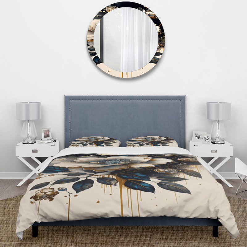 Ensemble de housse de couette Camellia Bouquet II noir et doré - Polyester microfibre