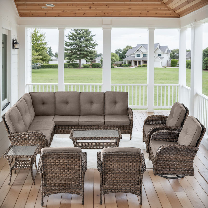 Serita Trym 9-Person Outdoor PE Wicker Patio Sectional Outdoor Conversation Set With Cushions, Gray
