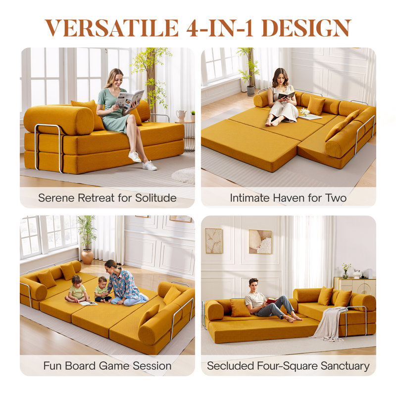 Convertible Three Person Fabric Sofa Bed, High Rebound Density Sponge Sofa, Ginger