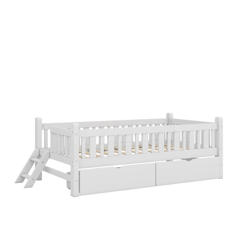 Lit plateforme simple en bois avec tiroirs et garde-corps, Blanc