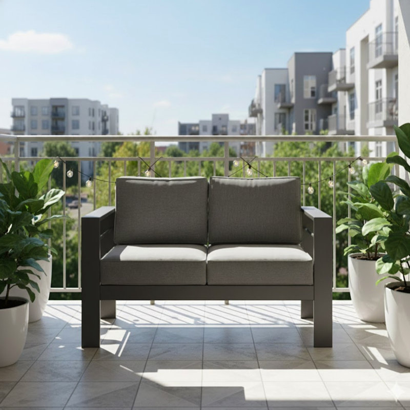 52" All-weather Metal Patio With Gray Cushions, Great For Small Outdoor Gatherings On Backyards And Porches, 2 - Seat Conversation Modern Comfort Cushions Frame, Ideal Couples Families, Design Long