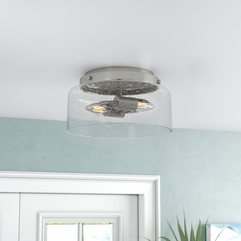 Hartland 2 -Light 11.5" Flush Mount Drum Light with Seeded Glass Shade, Matte Silver