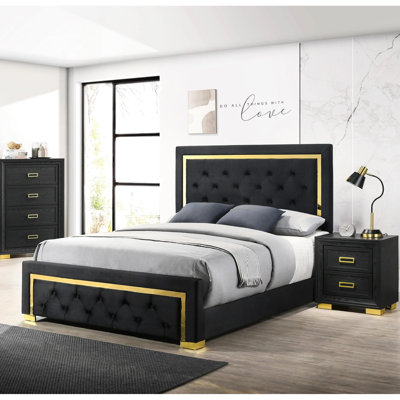 Glamorous Black Fabric Upholstered Queen Bed With Golden Ornaments And Slats Modern Elegant Button Tufting Gold Accents