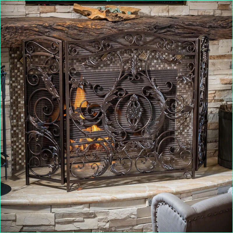 Fireplace Screen, Traditional Three-Panel Foldable with Gold Floral | Black + Gold | Iron