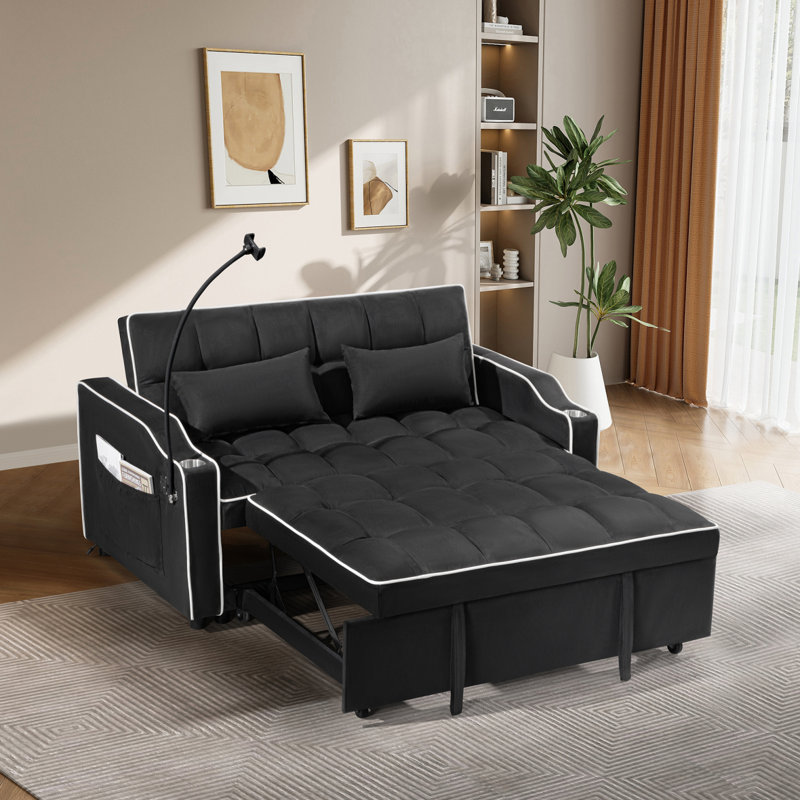 Pull-out Sofa Bed, Adjustable Back and with USB port, Black Velvet 1