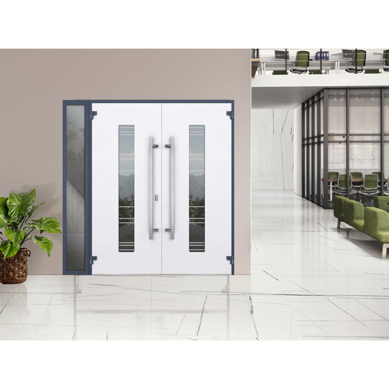 Façade extérieure avant double porte en métal / deux portes 5755 gris graphite transparent verre / fenêtre extérieure Sidelite / entrée moderne peint à gauche avec porte active 84 po x 80 po