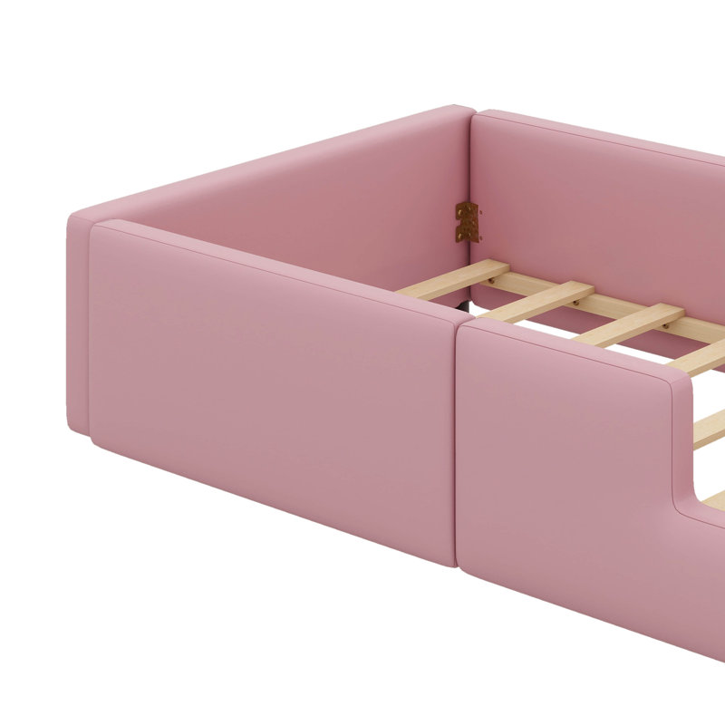 Lit plateforme simple enveloppé de textile et équipé d'une barrière de sécurité et d'un port de charge intégré