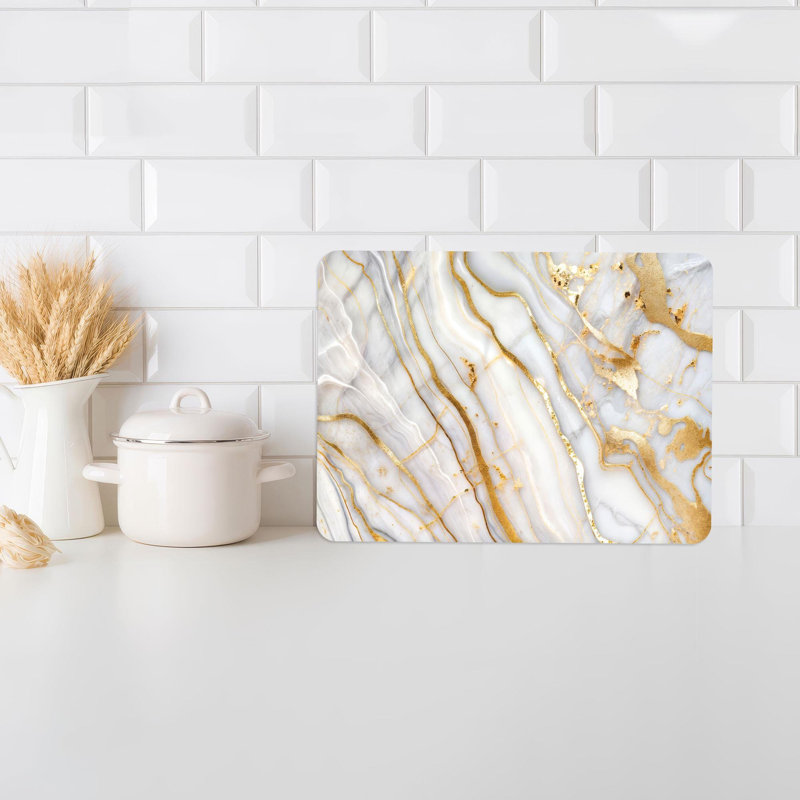 White and Gold Marble Pattern Print Glass Cutting Board Ideal for Chopping and Cheese Serving, 11" x 15"