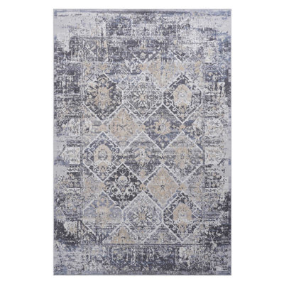 Tapis 8 x 10 en gris / bleu - sans perte de teinture, pour le salon, la chambre à coucher et le bureau