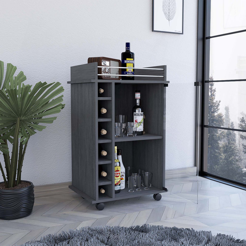 Chariot-bar Dukat, deux tablettes, six supports à vin intégrés, quatre roulettes, Gris
