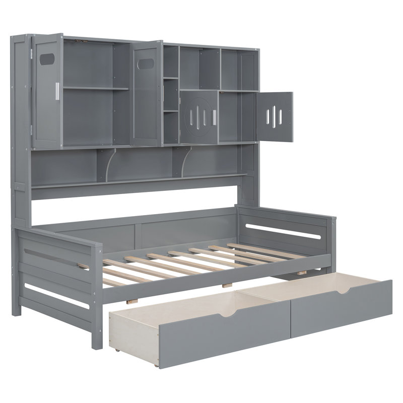  Twin Size Wooden Daybed with 2 Drawers, All-in-One Cabinet and Shelf for Stylish and Practical Storage Solutions, Perfect for Kids’ Rooms, Gray