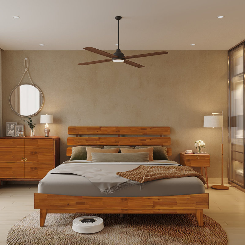 Lit plateforme en bois massif avec tête de lit ajustable Caden, style Mid-Century moderne, Très grand, Caramel