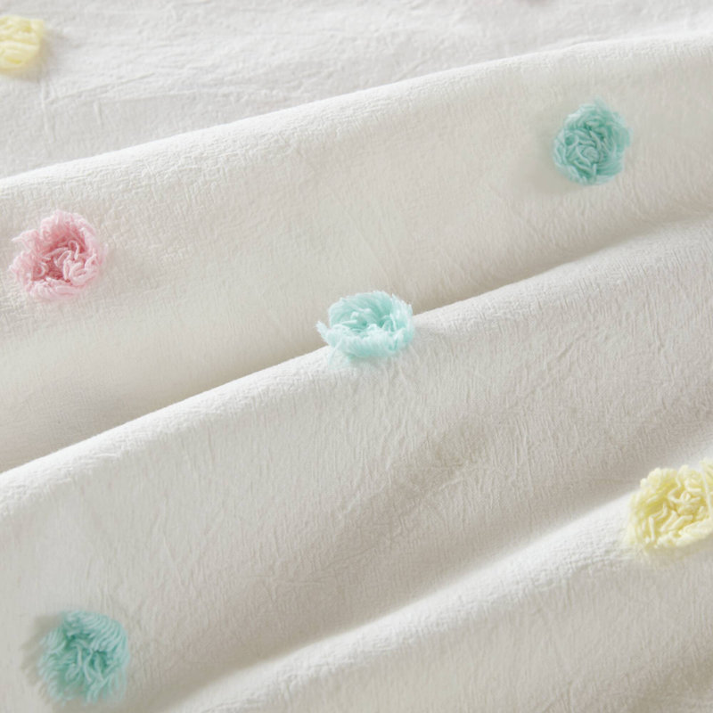 Callie Cotton Jacquard Pom Pom Comforter Set, Multi, Twin Comforter+1 Sham+2 Decorative Pillows