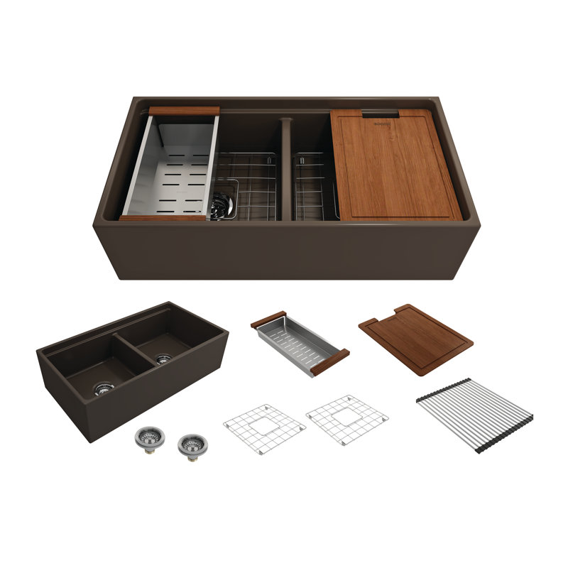 Contempo 36'' L Double Basin Kitchen Sink, Matte Brown