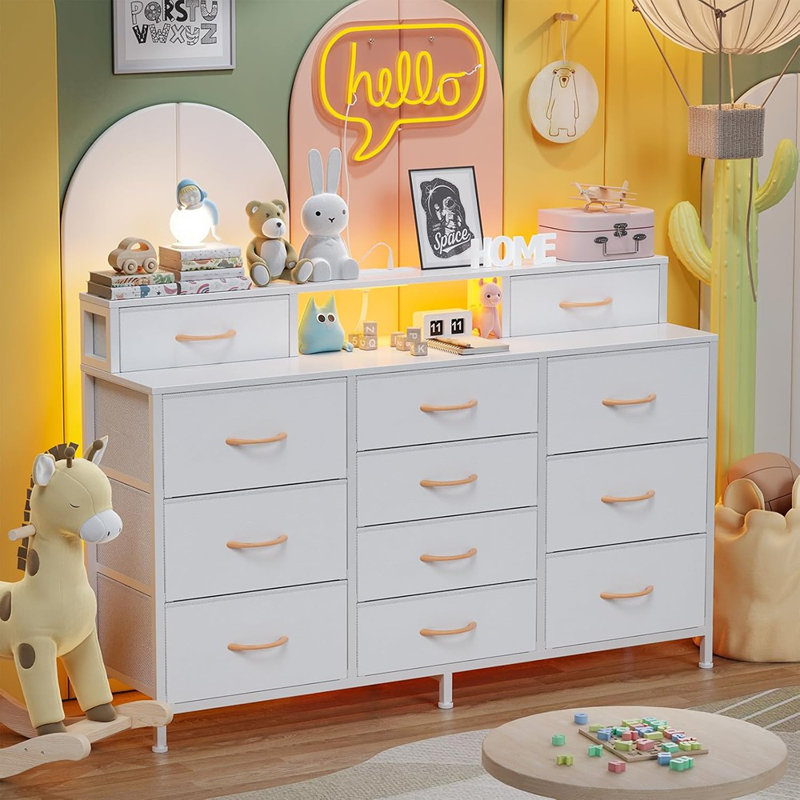 Commode blanche pour chambre à coucher avec lumières à DEL et station de charge, commodes longues 55 po et commode avec 12 bacs de rangement