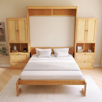 Armoire à lit escamotable en bois massif et rotin avec 2 tablettes latérales