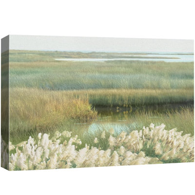 «Rustic Countryside Tranquil Marshland», pastel vert doux, roseaux, paysage, très grande impression sur toile, art mural