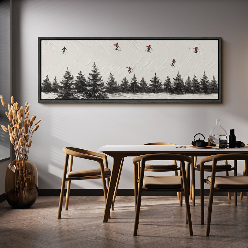 Large Framed Canvas Print Wall Art - Abstract Skiing Winter Landscape Print for Modern Home Decor, 20" H x 60" W, Black