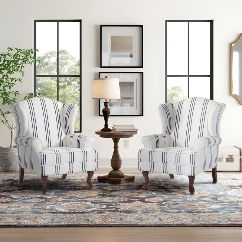 Duward Upholstered Stripe Navy Linen Wingback Accent Chair with Rolled Arm and Solid Wood Leg (Set of 2), Stripe Navy Cotton