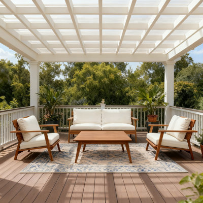 4-Piece Mid-Century Modern Acacia Wood Patio Seating Set, Outdoor Conversation Set with Loveseat, Club Chairs & Slatted Coffee Table, Weather-Resistant Cushions