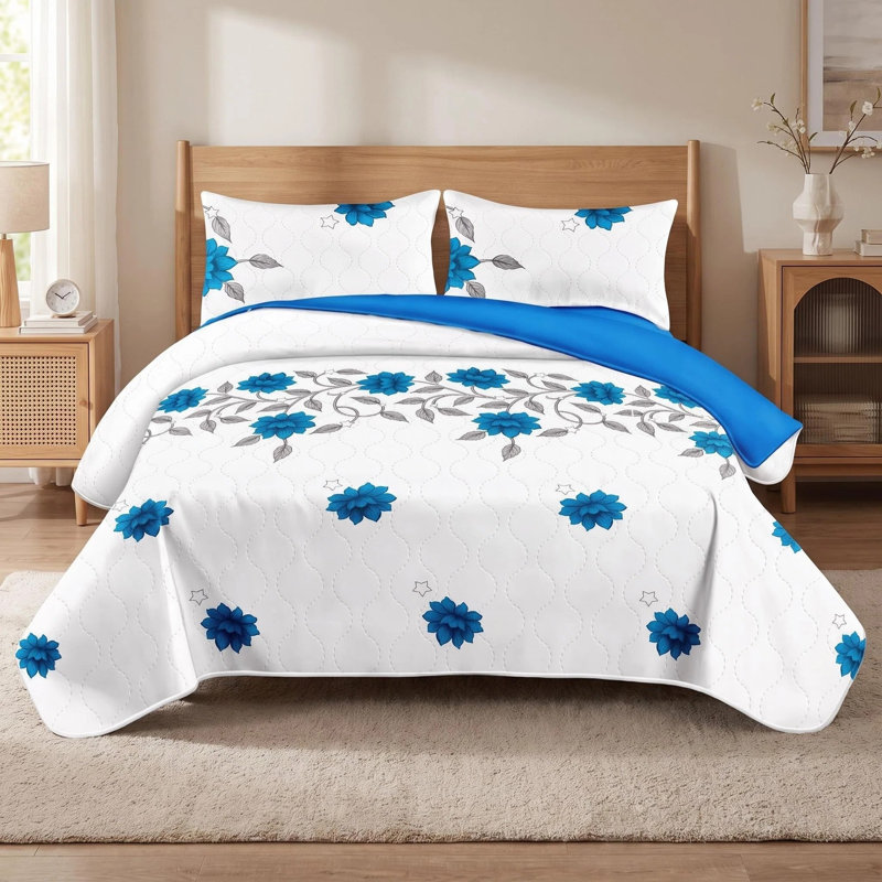 Ensemble de couvre-lit réversible 3 pièces en microfibre bleue à motifs floraux avec 2 taies d'oreiller, Très grand lit