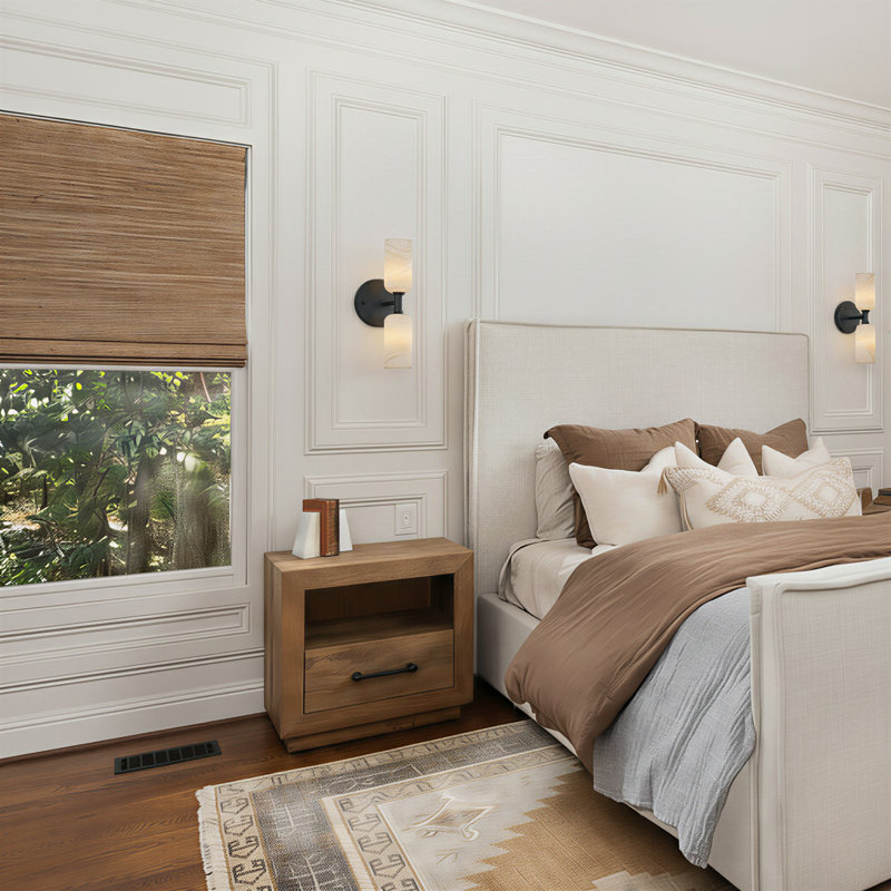 2 - Light Dimmable Modern Wall Sconces With Faux Alabaster Shades, Matte Black