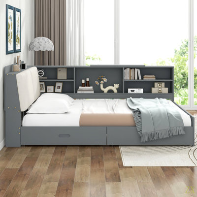 Wood Full Size Platform Bed With Storage Headboard, Shelves And 2 Drawers