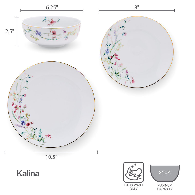 Kalina White Porcelain Floral 24-Piece Dinnerware Set