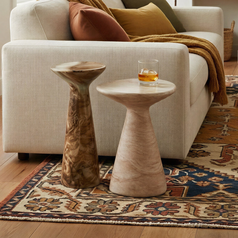 Modern Jasper Side Table Set of 2 Pair Faux Travertine Onyx Brown Sculptural Indoor and Outdoor Accent Table Stool Decor