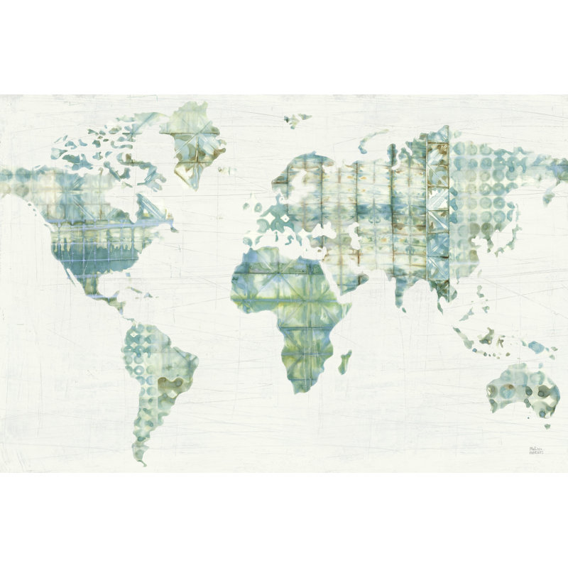Carte Kanari, Shibori, aquarelle, bleu sarcelle, vert, bleu, crème, blanc, carte du monde, Continents