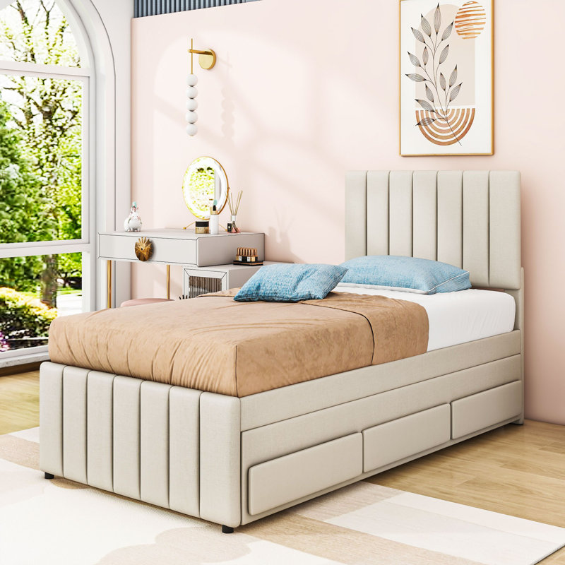 Lit plateforme tapissier avec lit gigogne et tiroirs de rangement, Beige, Simple