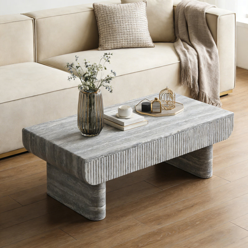 Table basse avec plateau en bois gris, table basse moderne Mid-Century avec tiroir cannelé, table basse de salon, bureau