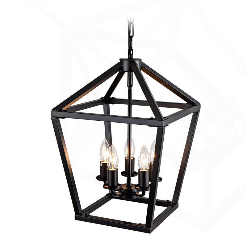 Lustre lanterne de ferme à 5 lumières, suspension géométrique en métal noir mat avec chaîne réglable, pour îlot de cuisine, salle à manger, hall d'entrée (ampoules non comprises)