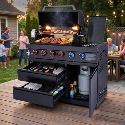 Bar de cuisine d'extérieur avec 6 brûleurs 85 000 BTU de luxe en acier inoxydable au gaz - Barbecue au gaz naturel avec ensemble de rôtisserie, deux tiroirs et rangement pour armoire, finition blanche