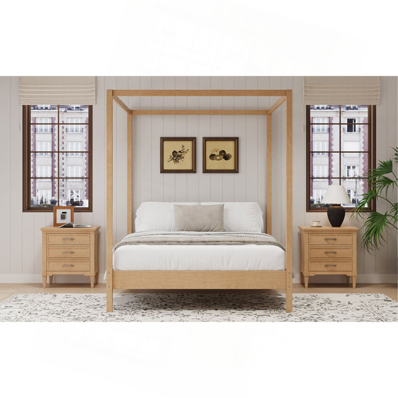 Solid Wood King Size Canopy Bed Frame Four Poster Platform Bed With Slats Support, No Box Spring Needed, Natural