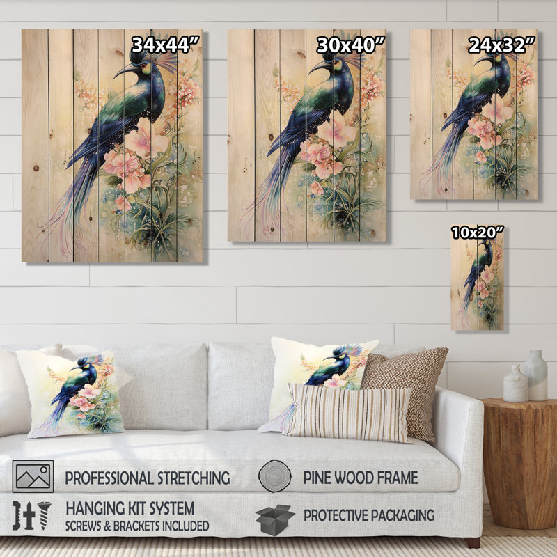 Chanson des oiseaux tropicaux - Reproduction en bois bleu sur bois de pin naturel, H 32 po x l 24 po