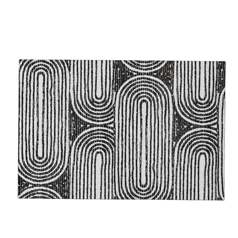 3' X 5' Black And Ivory Geometric Distressed Washable Area Rug With UV Protection