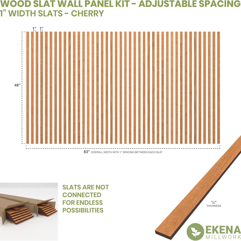 Adjustable Wood Slat Wall Panel Kit, Cherry, 2"W x 94"H x 0.25"T
