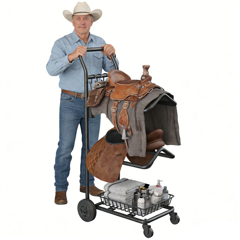 Rolling 2-Tier Saddle Rack Cart with Storage Basket & Hooks - Heavy-Duty Steel Equestrian Tack Organizer for Stables, Barns & Competition Venues (Black)