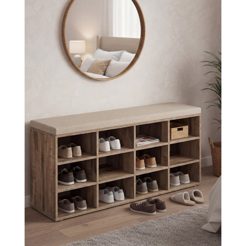 12 Pair Shoe Storage Bench, Camel Brown