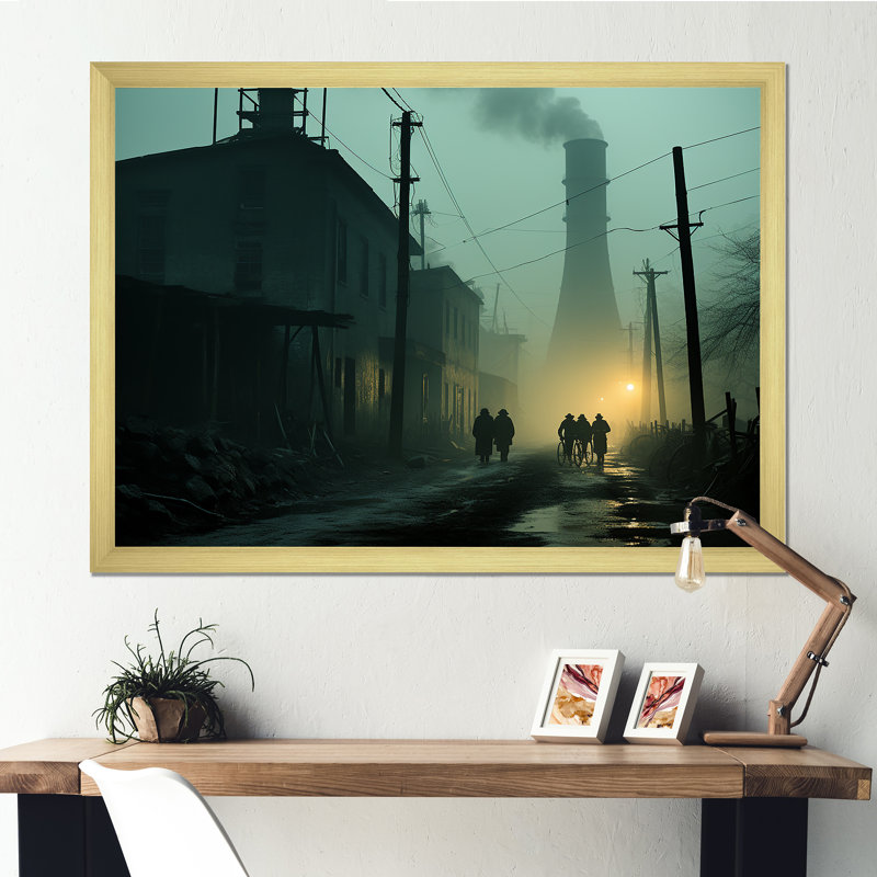 «Rainy Monochen Industrial Landscape I», reproduction sur toile, Cadre doré simple, H 16 po x l 32 po x P 1 po