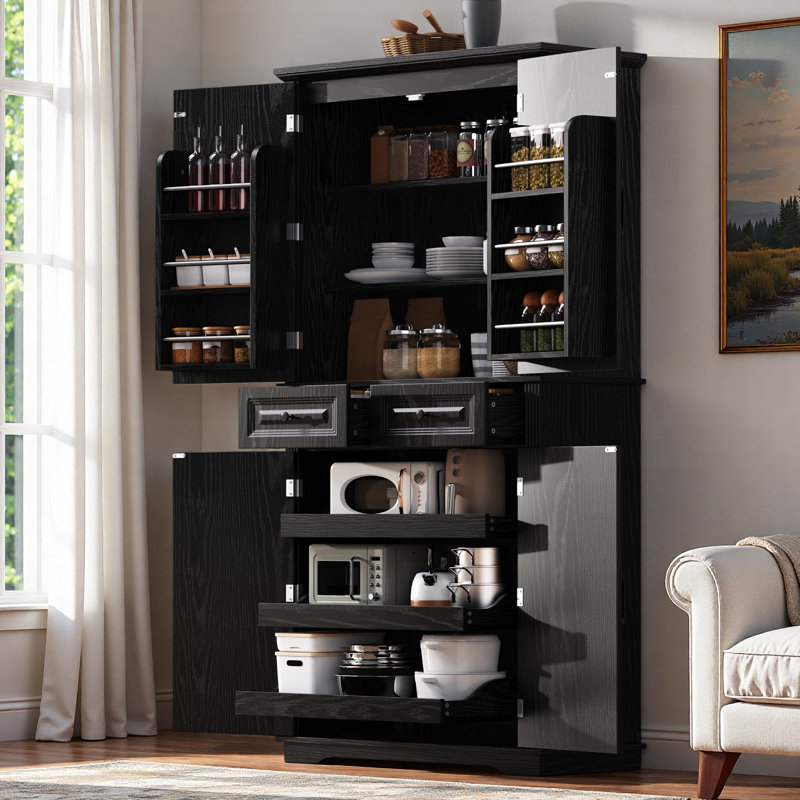 Grand garde-manger avec 3 armoires coulissantes, 6 portes et 2 tiroirs, Black