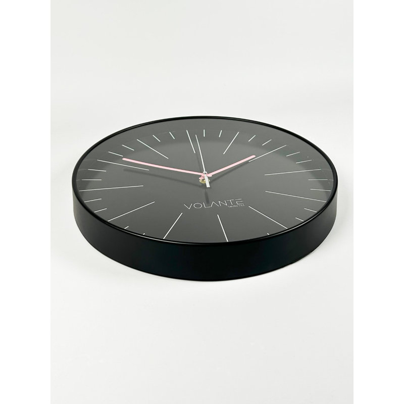 Modern Decorative Wall Clock, Black & Pink, 13.8 x 13.8 inches | 100% Plastic Frame with Real Glass Cover, Thickness: 1.8 inches | Stylish Home Decor for Living Room, Bedroom & Office, Eye-Catching Design