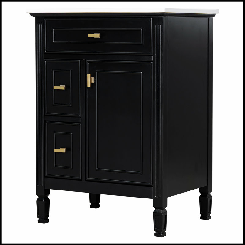 Meuble-lavabo autoportant de 24 po avec lavabo, bois massif et panneau de fibres à densité moyenne, tiroir rabattable, deux tiroirs standard, tablette réglable, finition noire