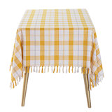 Gracie Oaks Yellow & White Plaid Cotton Blend Woven Tasseled Tablecloth, 56"x88" Rectangular