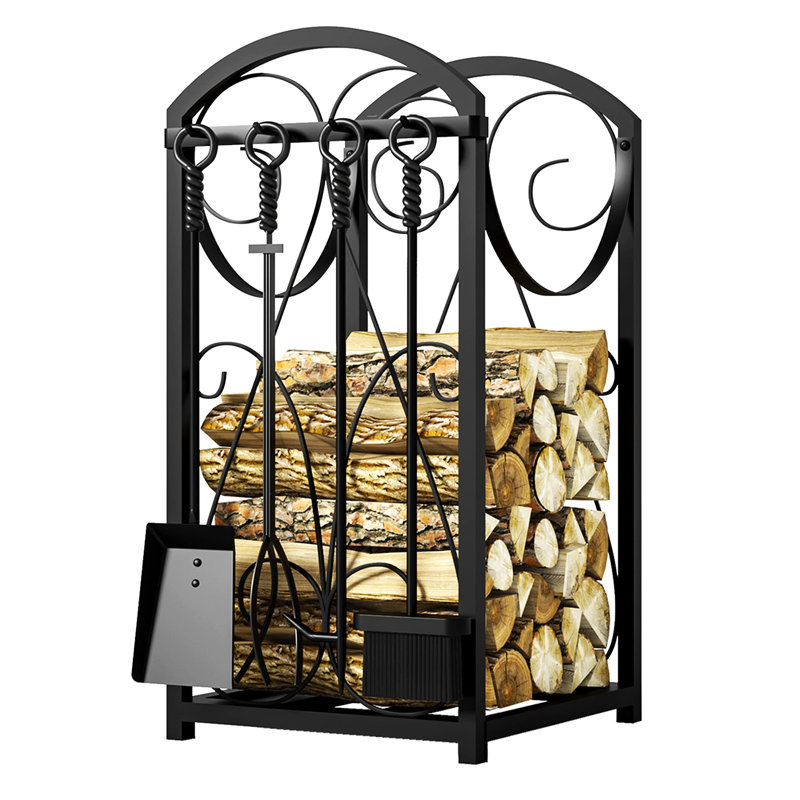Porte-bûches d'intérieur, porte-outils de foyer, porte-bûches d'extérieur, rangement en bois, ensemble d'outils de foyer empilables, accessoires pour poêle à bois, noir