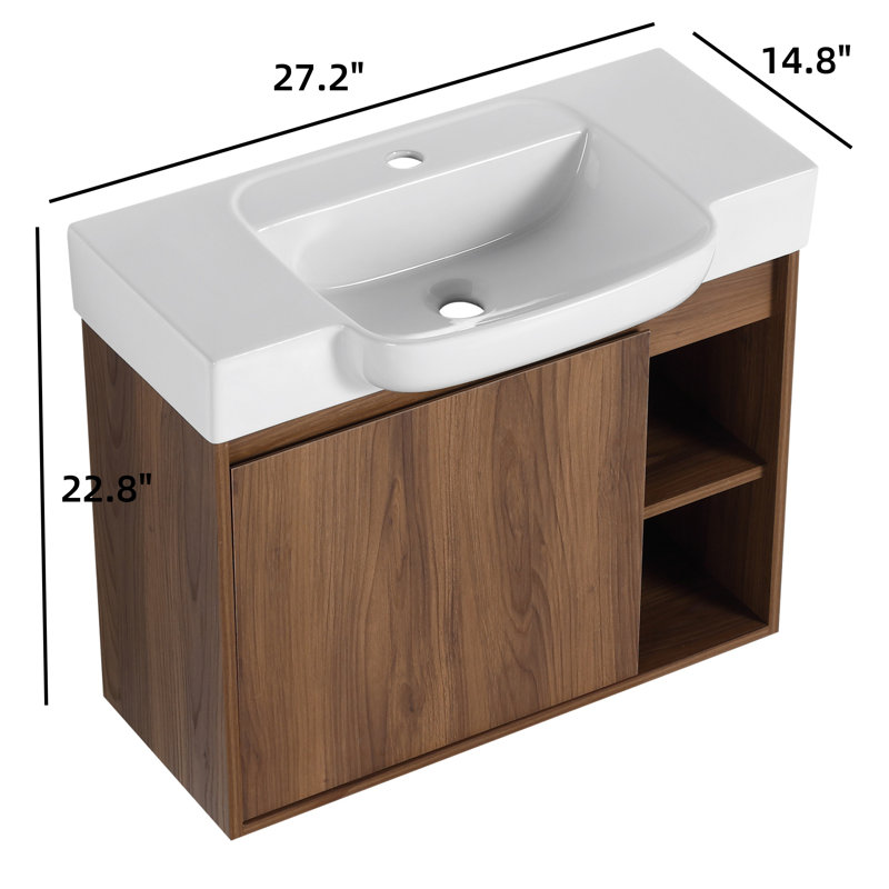 Wall Mount Bathroom Vanity With White Ceramic Sink And Cushioned Door, 27.2"