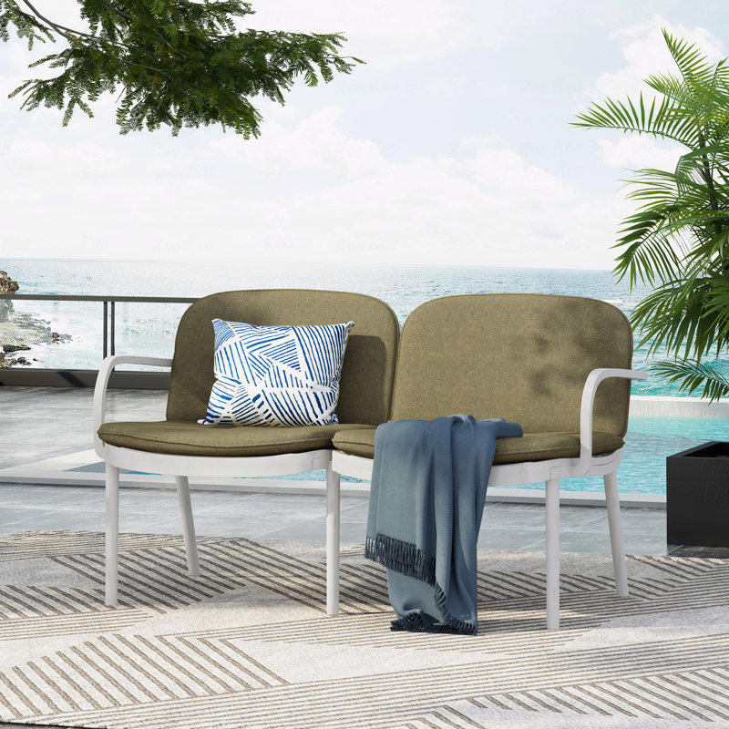 Outdoor Patio Loveseat, PP White Frame With Green Cushion, Green, White