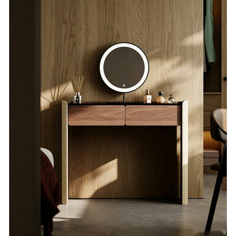 Coiffeuse de style italien en placage de noyer avec miroir de maquillage à DEL mobile